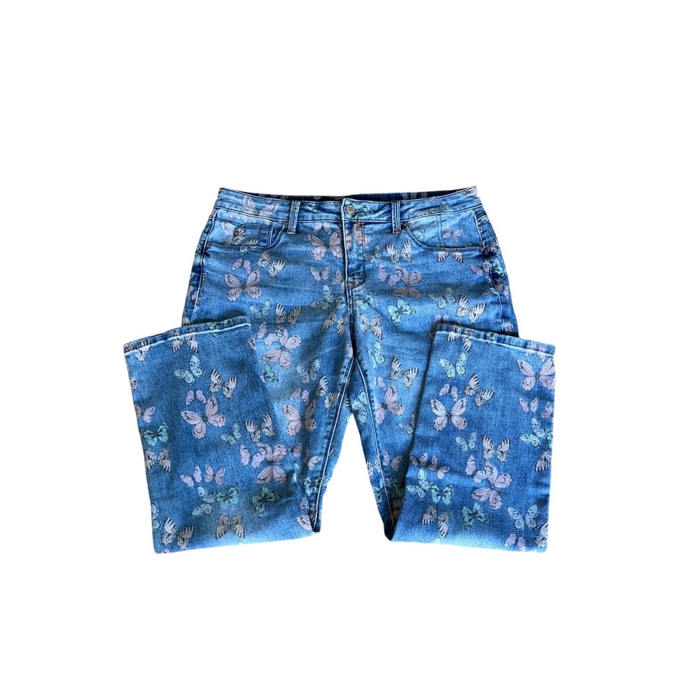 Laurie Felt Daisy Denim Butterfly Print Relaxed Boyfriend Straight Jeans 12P